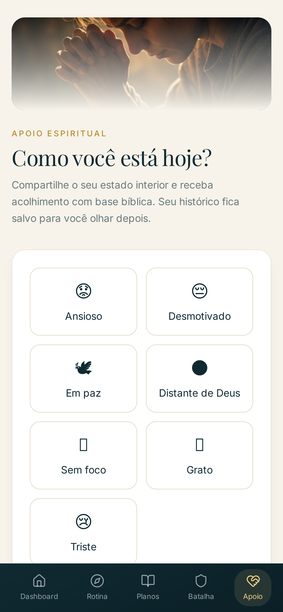 Tela Apoio do app no celular