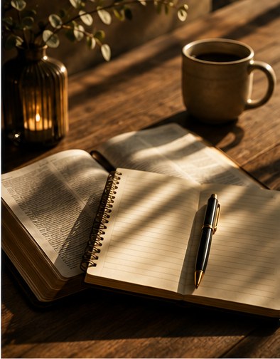 Bíblia e caderno abertos sobre mesa de madeira ao lado de uma xícara de café