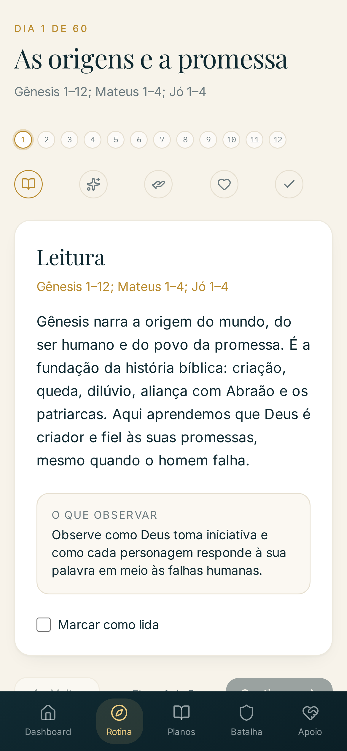 Tela da rotina diária guiada em cinco passos no app Disciplina Espiritual