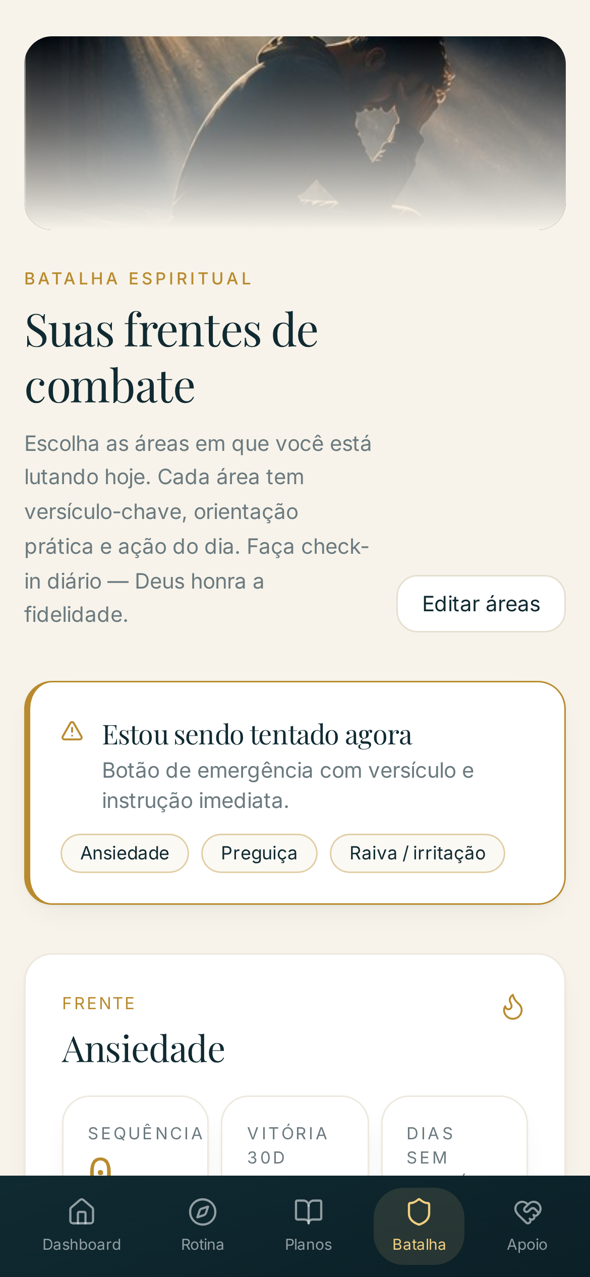 Tela da Batalha Espiritual com frentes de combate, versículos e botão de emergência