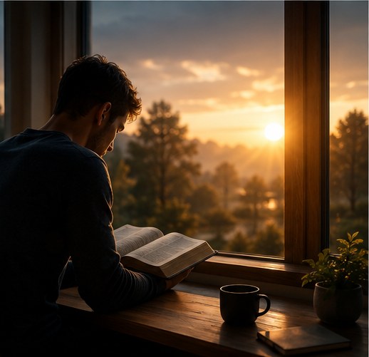 Homem lendo a Bíblia na janela ao amanhecer