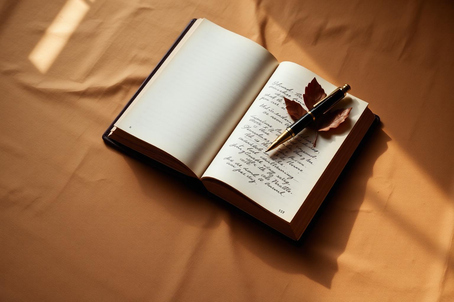 Caderno aberto com anotações e caneta tinteiro sobre linho — símbolo da rotina de estudo bíblico do Disciplina Espiritual